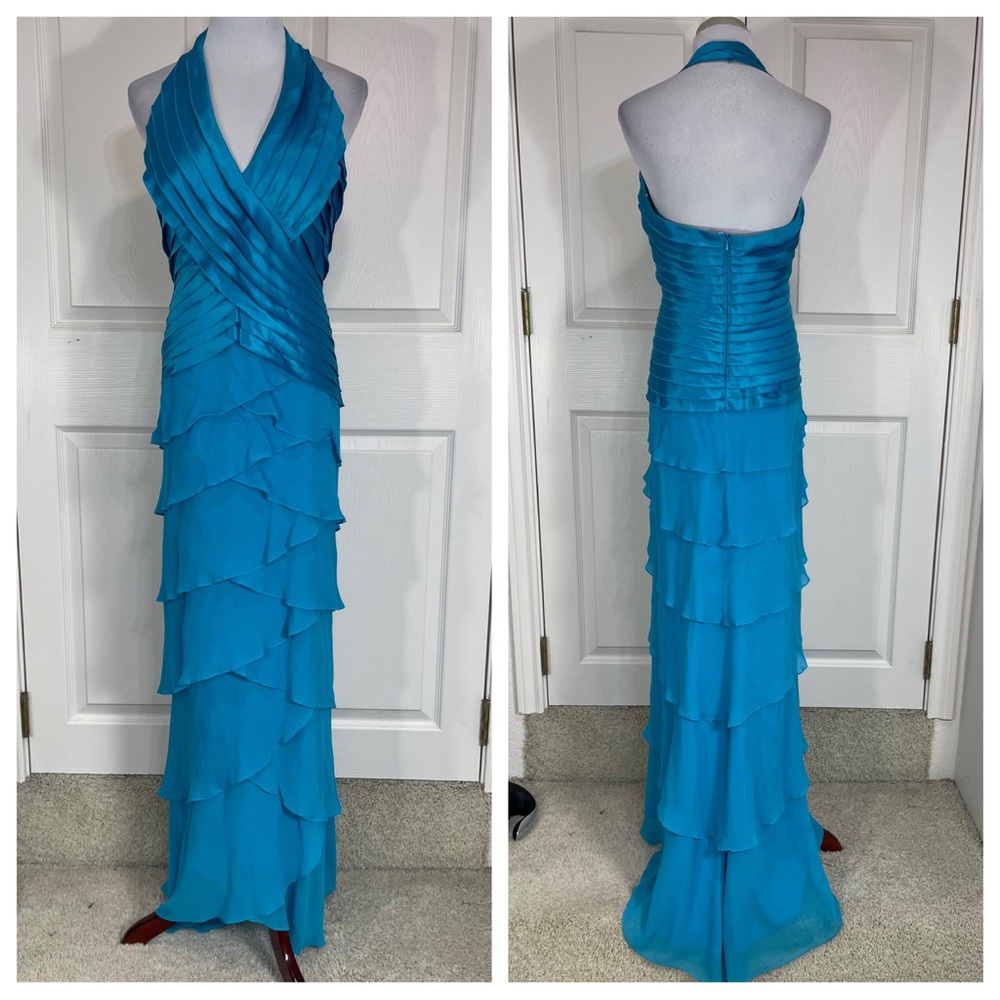 Silk! Vintage Tadashi Halter Neck Evening Gown with Ruffles